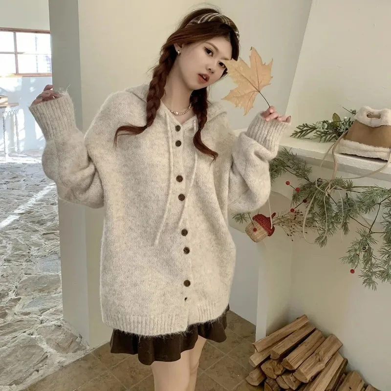 Korean Hooded Solid Color Knitting Cardigan Coat Women Autumn Winter Loose Long Sleeve Sweater Fashion All-match Knitwear Tops