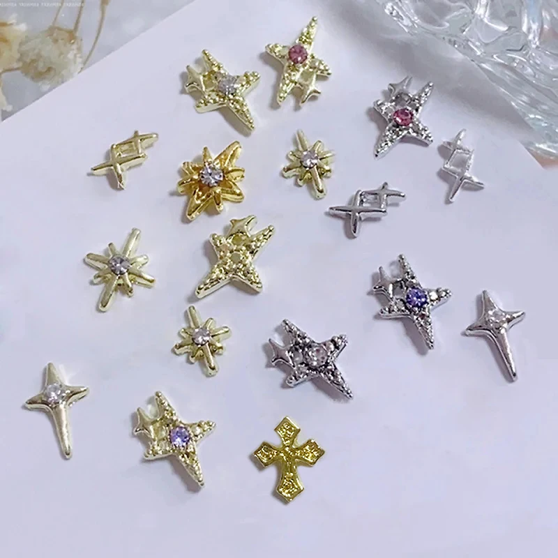 10 Stks/partij Luxe Designer Cross Nail Charms Edelstenen Legering Sterren Nagel Figuren Japanse/Koreaanse Zilveren Metalen Onderdelen Benodigdheden Voor Nagels