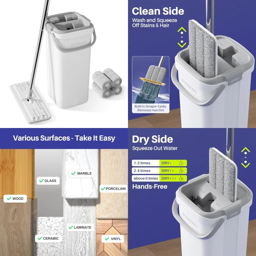 

Mop and Bucket Set, Flat Mops for Floor Cleaning, Wall Mop with 60 Extensible Handle, Hardwood Floor Mop with 4 Microfiber Pads