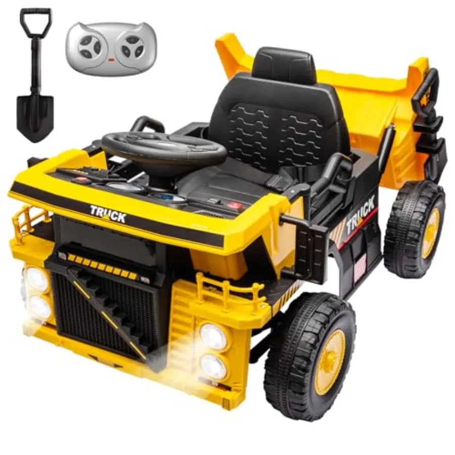 

12V Ride on Dump Truck for with Remote Control Electric Dump Bed Extra Shovel Music Player LED Lights Yellow Construction Car f