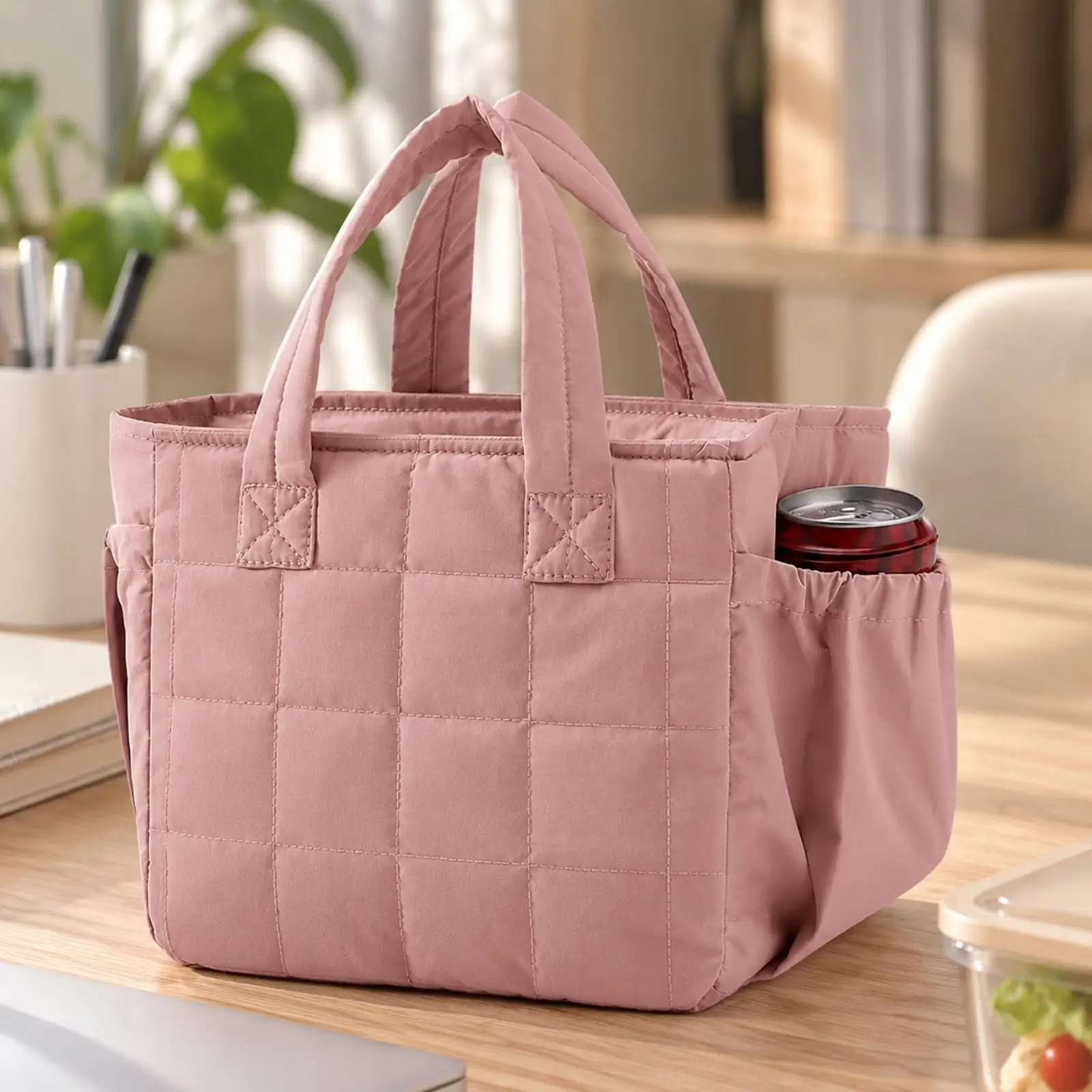Foldable Women Lunch Carrier Water Resistant Thermal Tote with Padded Handles for Office Commute