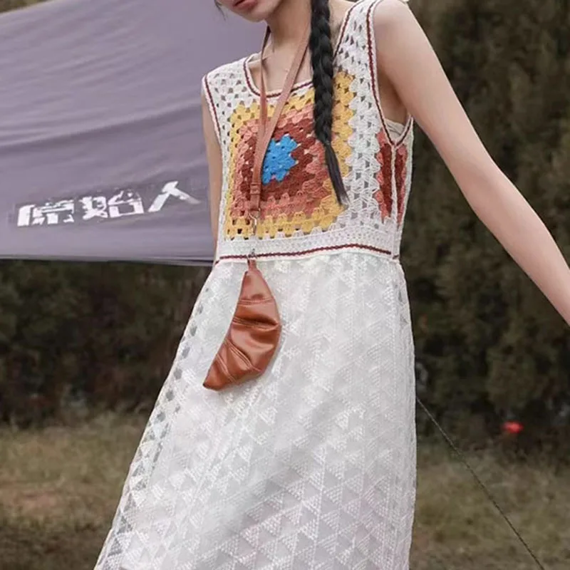 Boring Honey – robe débardeur rétro brodée à col carré, Patchwork, Design Unique et élégant à lacets pour femmes à la mode, printemps