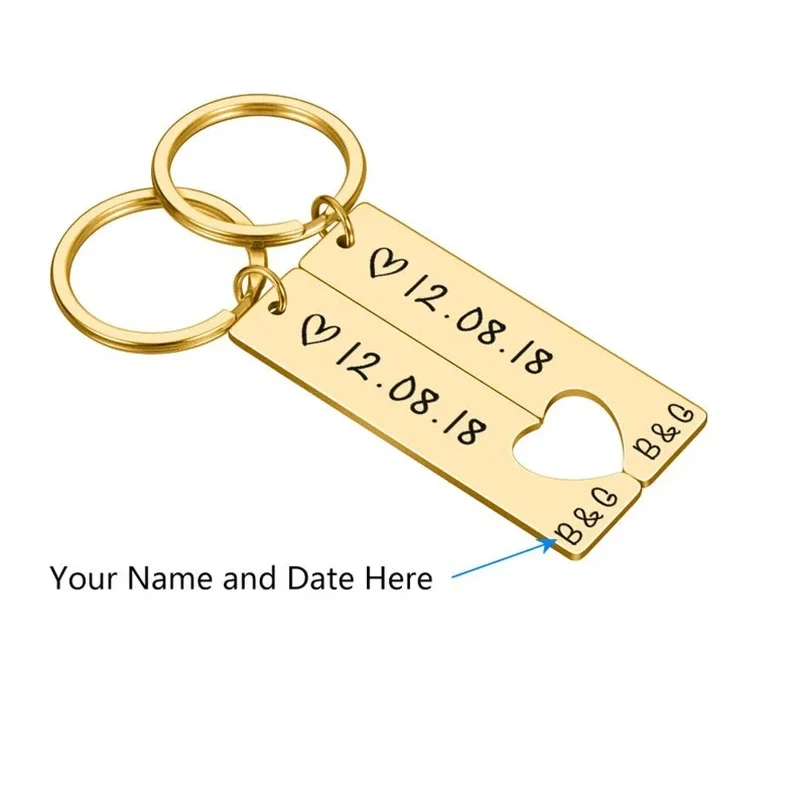 2PC Stainless Steel Custom Love Anniversary Time Keyring Gift for Boyfriend Stylish Engraved Heart Couple Keychain Birthday Gift