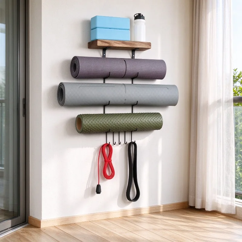 Yoga Mat Organizer Shelf Multi-layer Minimalist Metal Floating Wall Shelf Large Capacity Fitness Equipment Shelves Home Storage