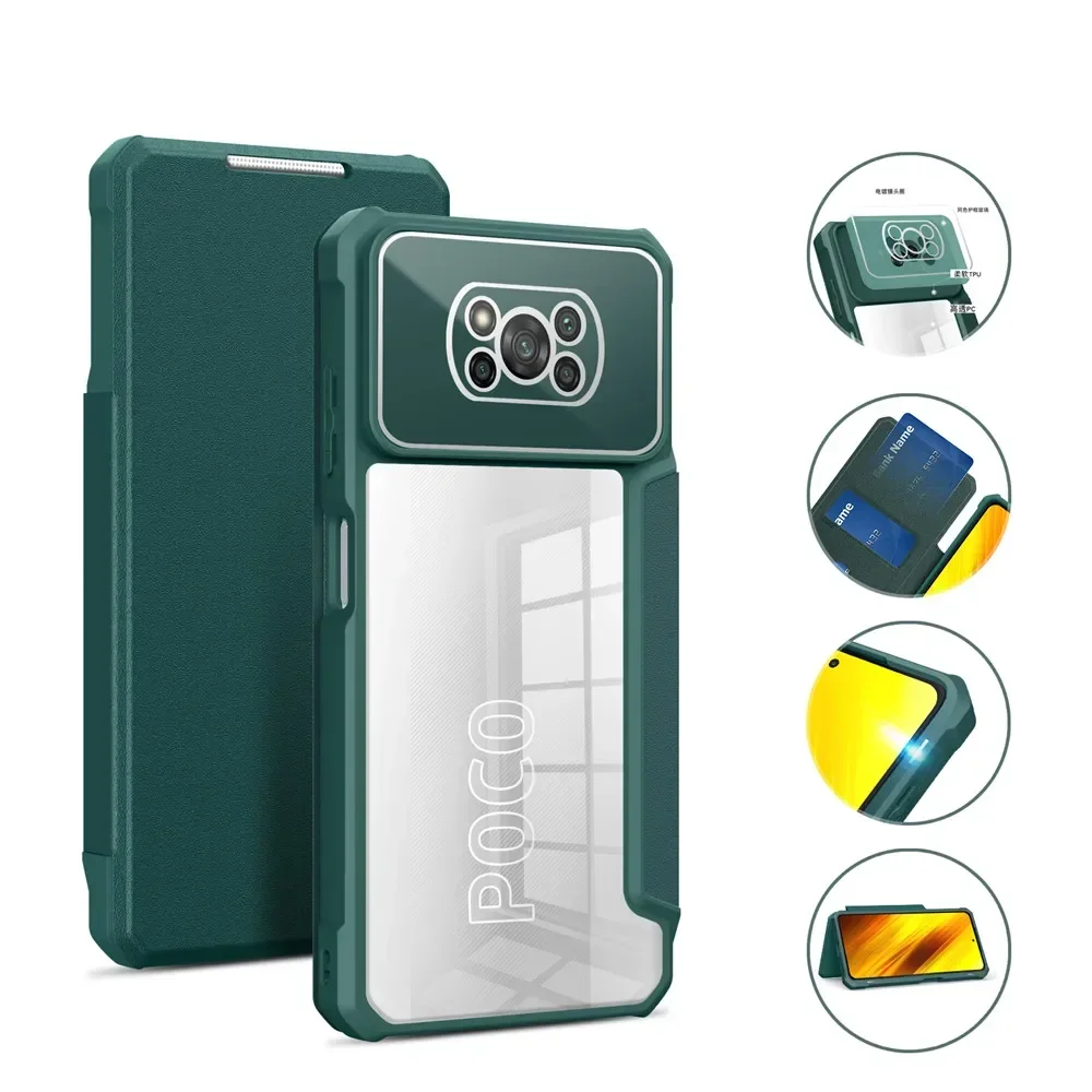 

Кожаный флип-чехол с магнитной присоской для Xiaomi POCO X3 Pro NFC Mi 12 Pro 5G, прозрачный мягкий слот для карт из ТПУ, защита стекла камеры 360