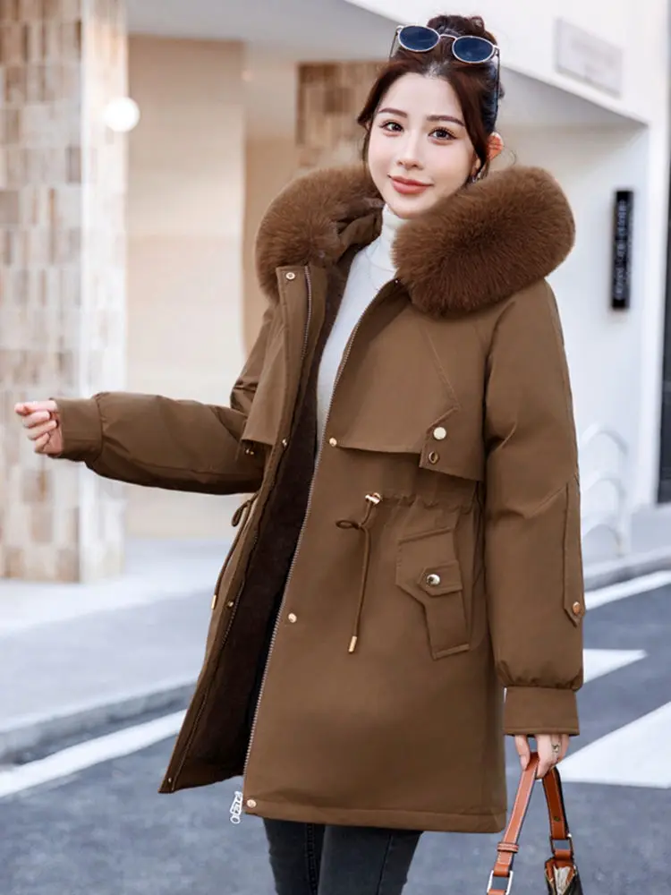 

Зимняя женская парка из хлопка с эффектом шерсти, на молнии, с поясом, с боковыми пуговицами, удлиненная, в стиле хип-хоп, на кнопках, утепленная, с эластичными вставками, модная