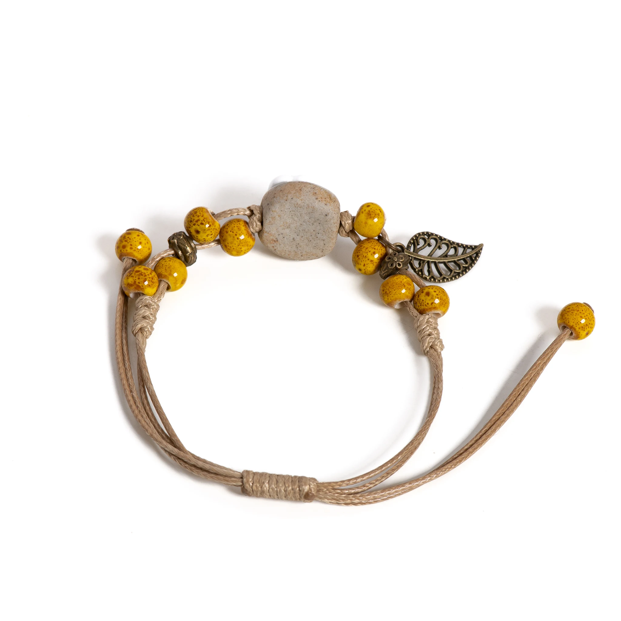 Handmade Sunflower Leaf Ceramic Bracelet Boho Adjustable Jewelry for Women Vintage Ethnic Gift S02-016