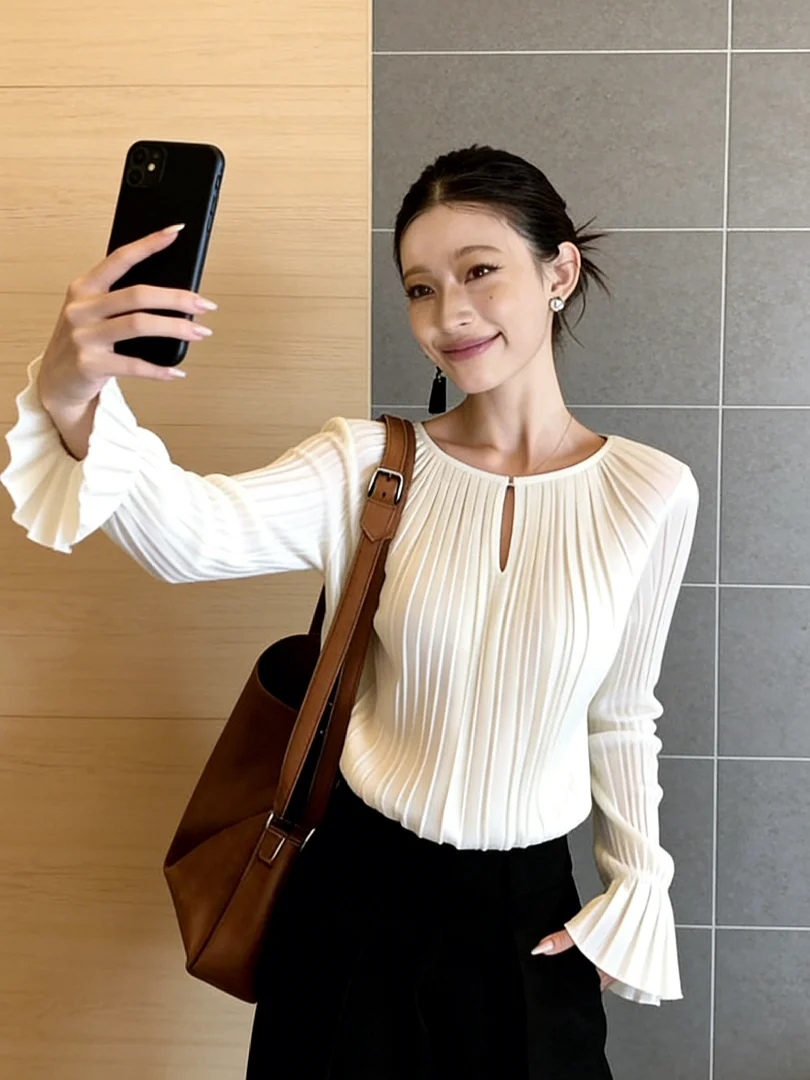 

Белая женская блузка с длинным рукавом, приталенная, с плиссировкой, для офиса, модная, больших размеров, с кружевным узором «снежинка»