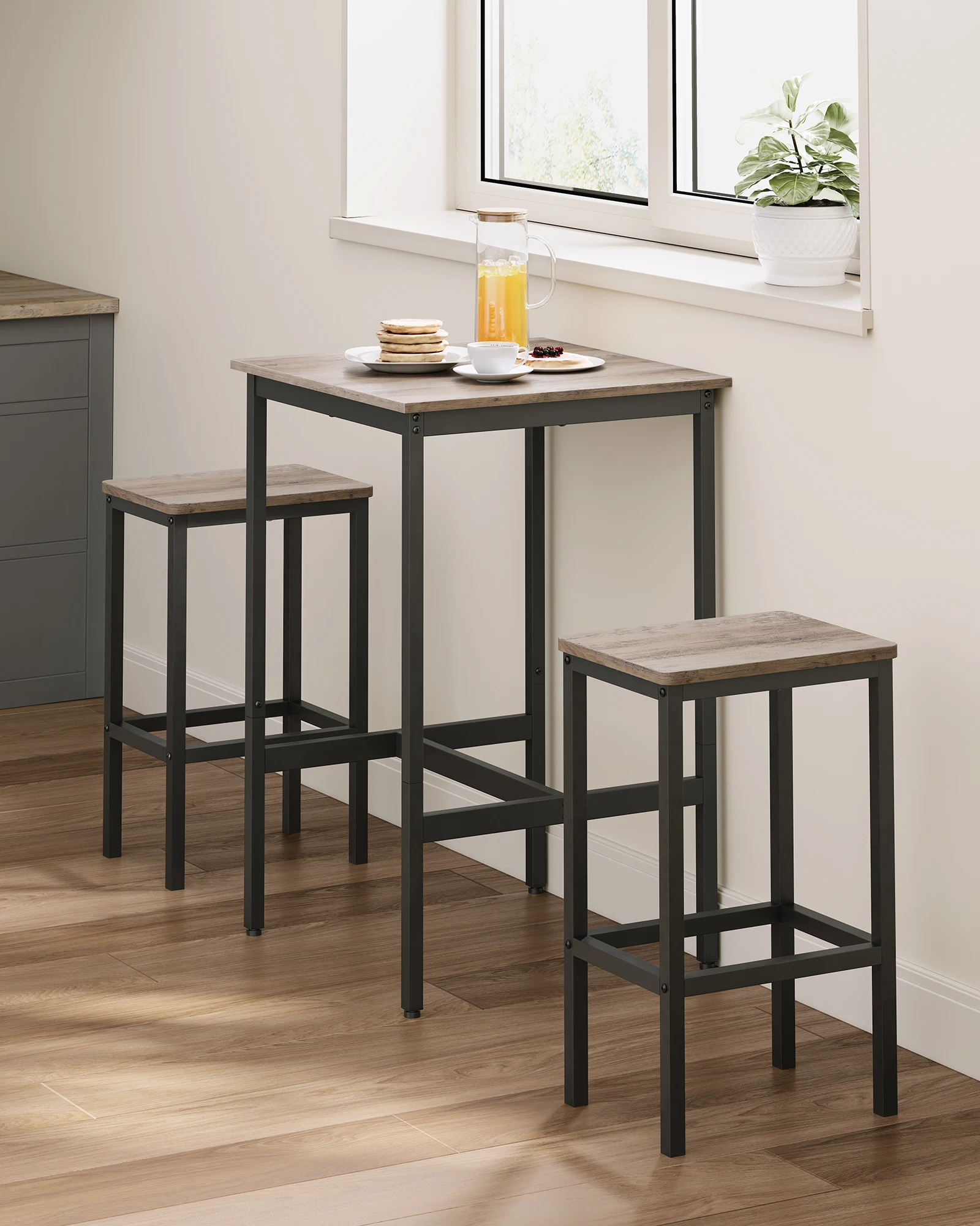 VASAGLE Bar Table and Chairs Set, Square Bar Table with 2 Bar Stools, Dining Pub Bar Table Set for 2, Space Saving for Kitchen