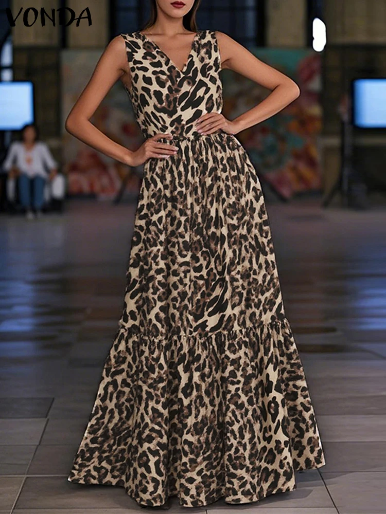 

Plus Size VONDA Bohemian Women Leopard Print Dress 2025 Summer Sleeveless Rufled Maxi Long Sundress V Neck Casual Beach Vestido