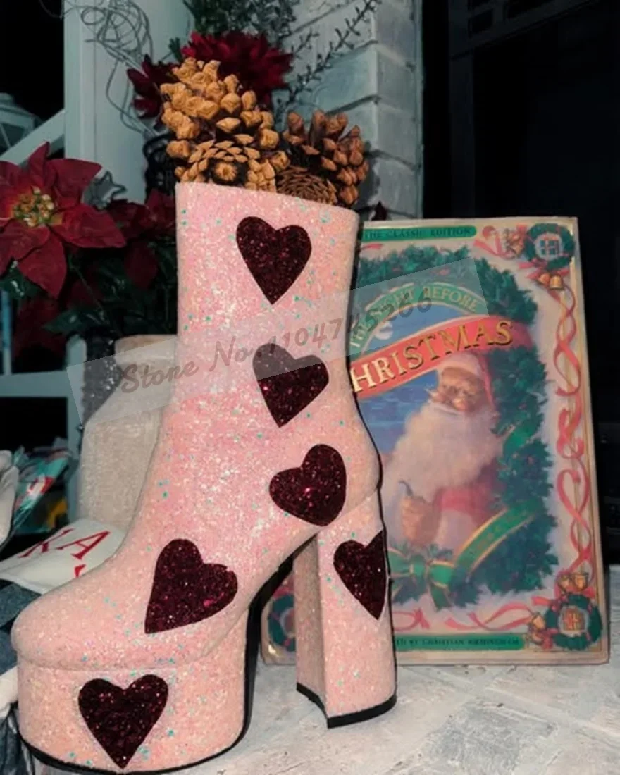 

Women Sweet Red Heart Glitter Ankle Boots Pink Bling Bling Sequined Strange Chunky Heel Booties High Paltform Patchwork Shoes