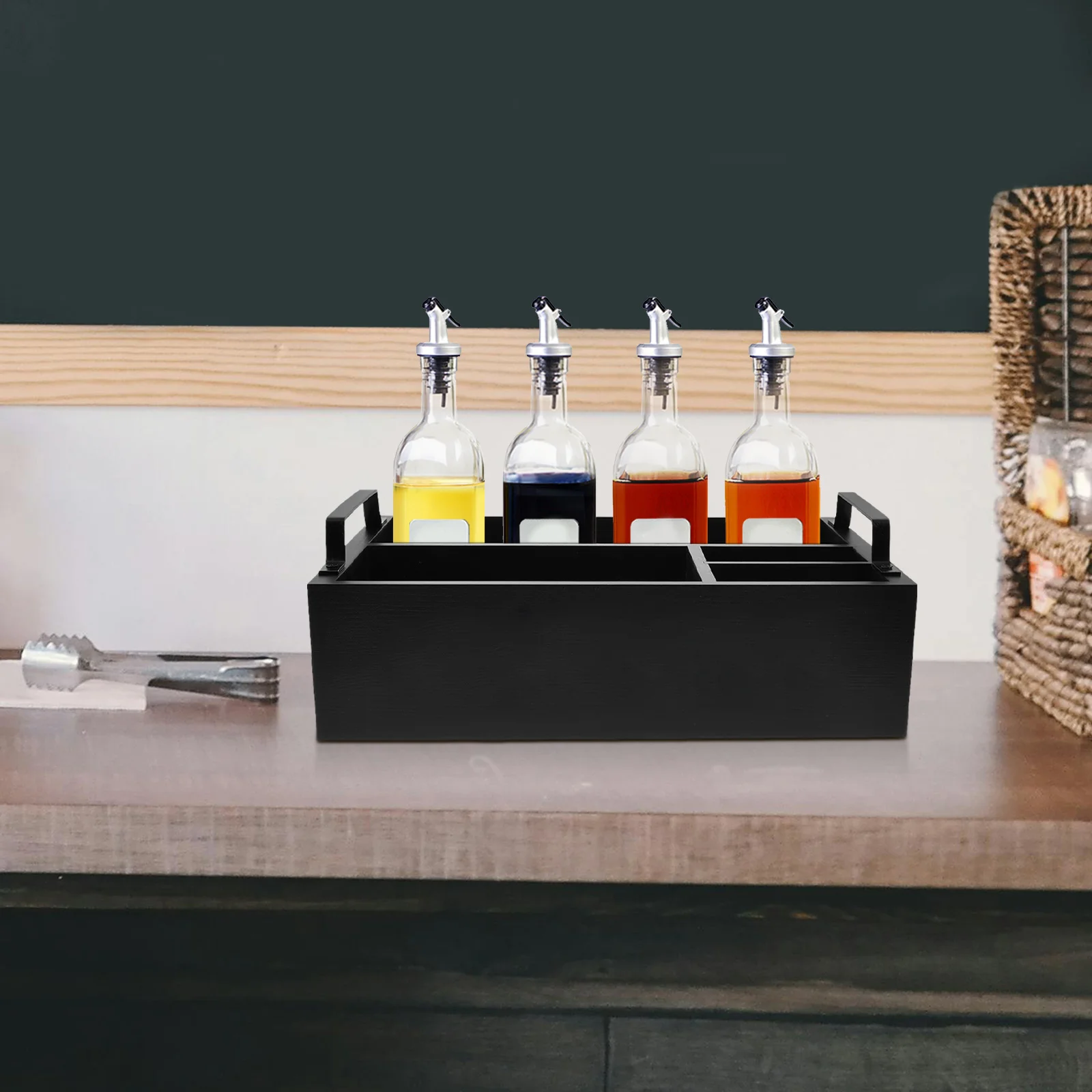 

Wooden Coffee Bar Storage Box Organizer for Countertop Multi-Functional Condiment Holder with Compartment Design Coffee Station