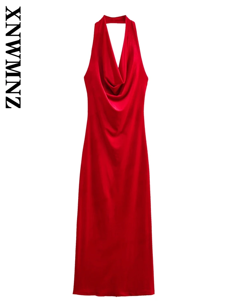 

XNWMNZ 2024 Woman's Fashion V-Collar Midi Skirt Dress Sophisticated Woman Halter Collar Velvet Regular Fit Sleeveless Dresses
