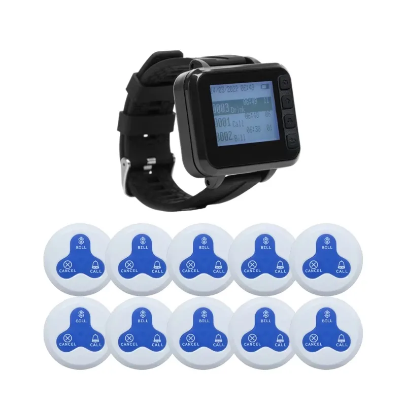 Cercapersone da polso per orologio con sistema di chiamata wireless per ristorante di alta qualità con campanello di vibrazione per cicalino da tavolo impermeabile da 10 pezzi a 3 tasti