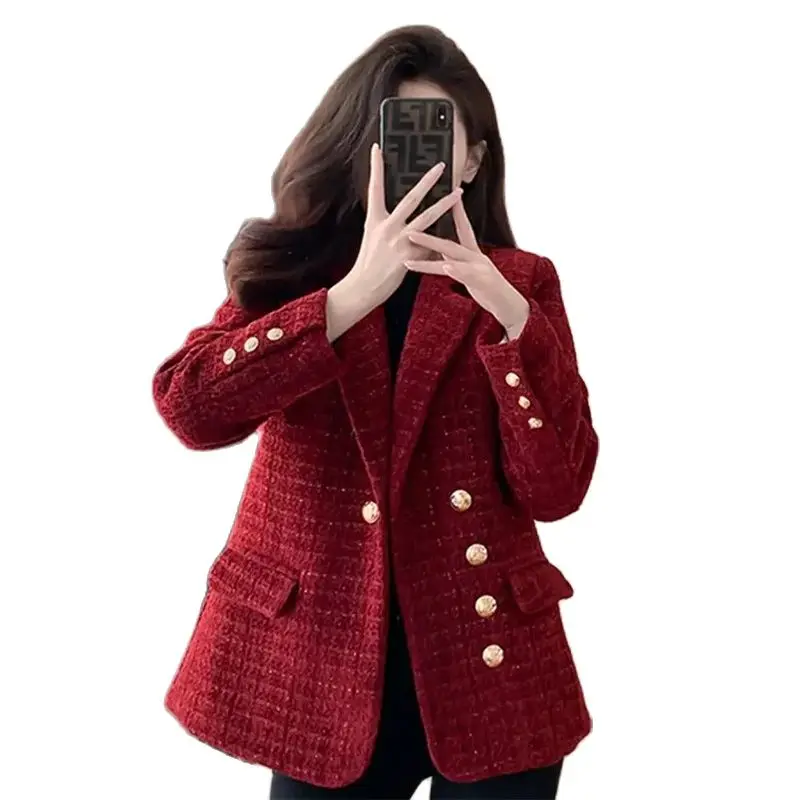 

Autumn Winter Thicken Suit Jacket Women 2024 New Fashion Loose Casual Woolen Coat Button Pure Colour Red Outerwear Female