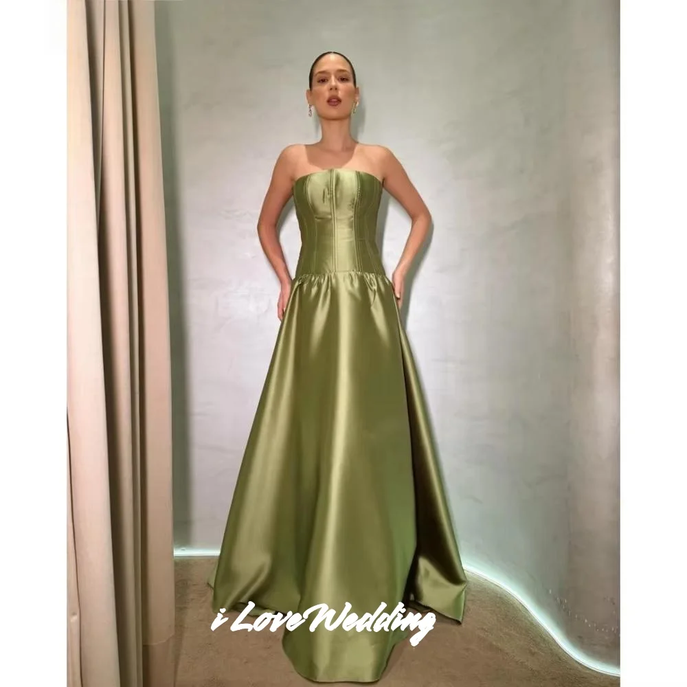 Green Strapless Prom Dress 2025 Satin Sleeveless Backless A-Line Evening Dress Floor-Length Pleat Wedding Party Dress Customized