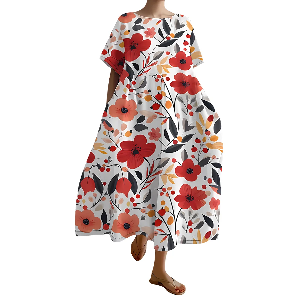 Contrasting Color Flower Print Women's Dress Loose Casual Style High Quality Fabric Trend New Party Beach Long Dresses