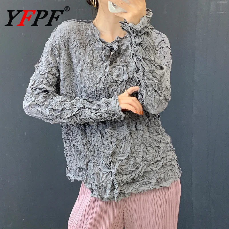 

YFPF Fashion Irregular Pleated Design Women's Blouse Solid Color Long Sleeve Slim Versatile Tops Designer 2026 Spring New