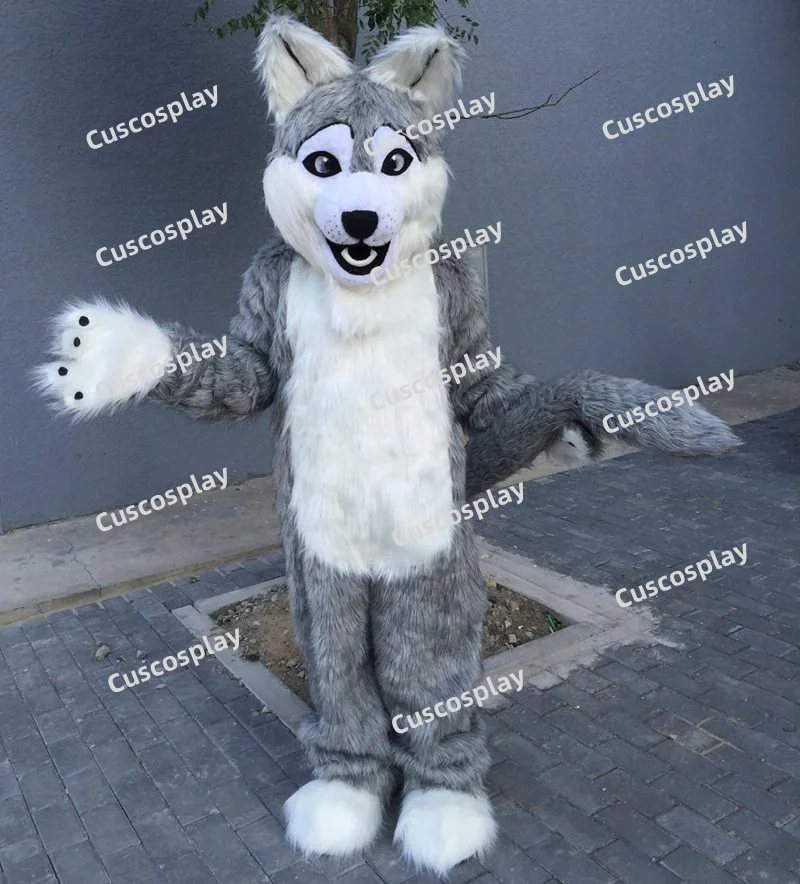 

Grey Long Fur Furry Fox Wolf Husky Dog Mascot Costume Fursuit Adult Cartoon Annual Celebration Amusement Park