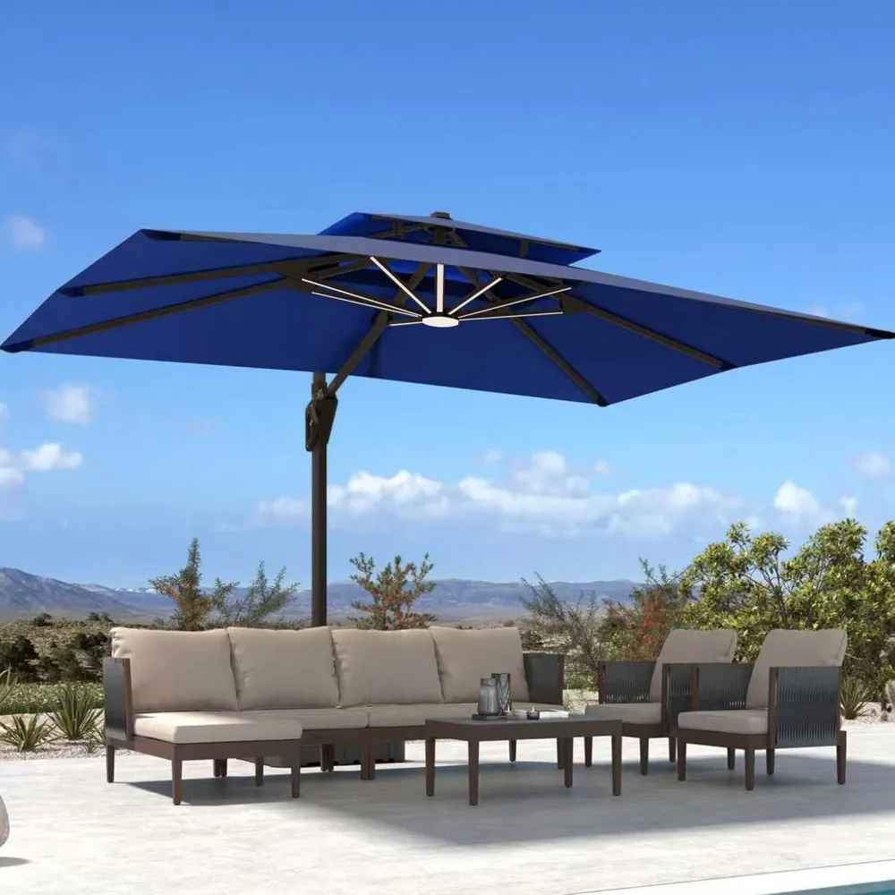

10' X 13' Patio Umbrella with Weighted Base and LED Lights Outdoor Cantilever Large Rectangle Offset Umbrellas, Customized