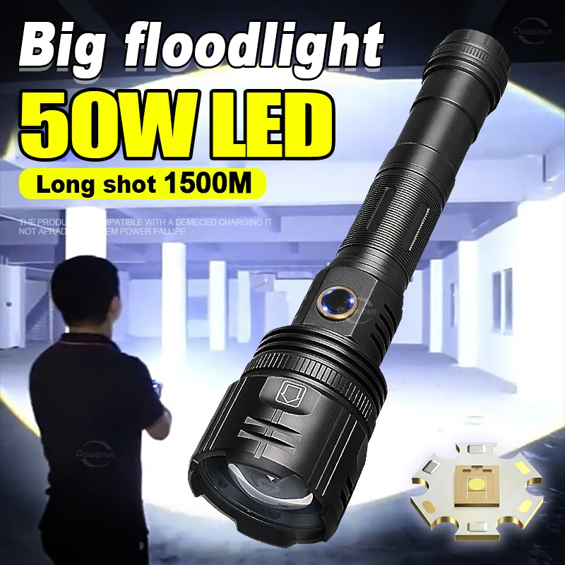 Super Powerful LED Flashlight 50W Rechargeable Torch Light 1500M Long Shot Lantern High Power LED Flashlight Zoomable Hand Lamps