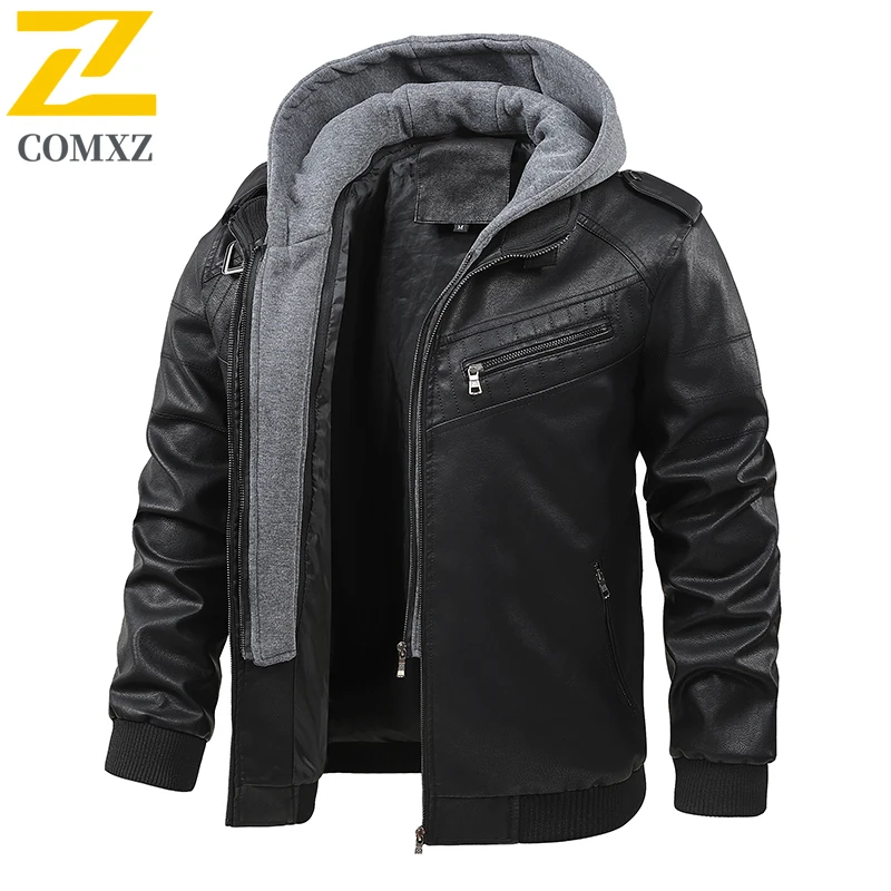 

Fashion Motorcycle Leather Jacket Men Retro Detachable Cap Faux Leather Jacket Autumn Casual Bicycle Windproof Pu Leather Coat