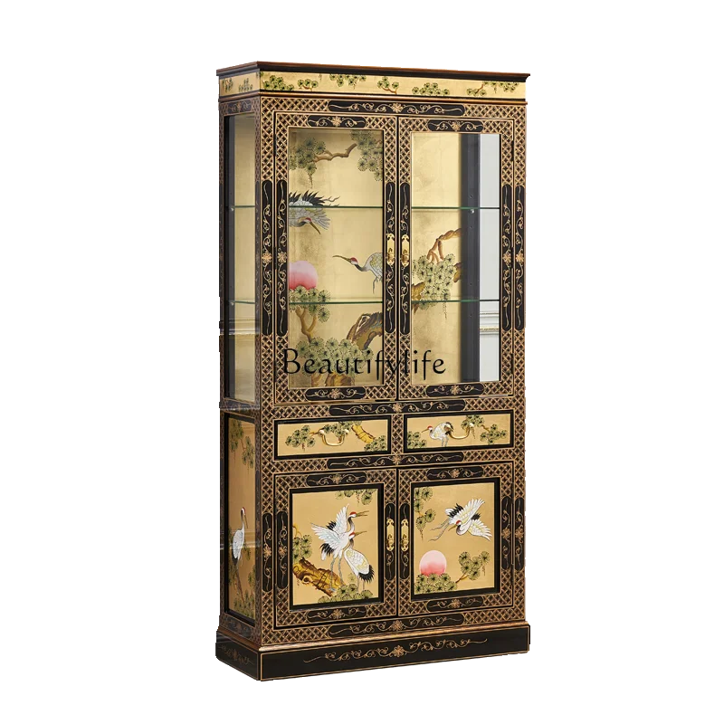 Luxury Gold Foil with Light Solid Wood Display Cabinet Made of Glass Pine Crane Yannian Showcase Ming and Qing Painted