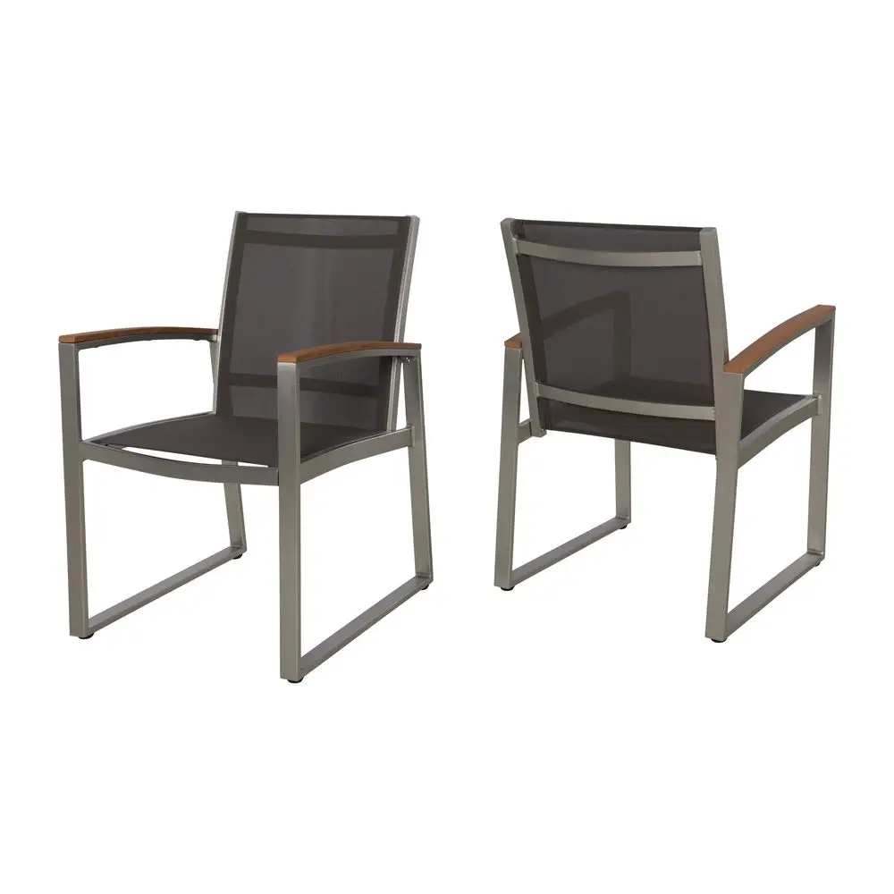 

Deal Furniture Aubrey Patio Dining Chairs Aluminum Outdoor Mesh Seats Faux Wood Arms Set of 2 Silver with Gray and Natural Fini