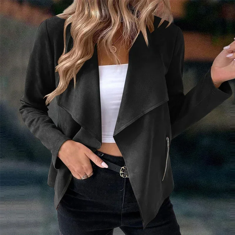 Women\'s Suit Jacket Solid Suede Lapel Zipper Pocket Office Commuting Formal Slim Cardigan Top Fashion Street Wear S-XL