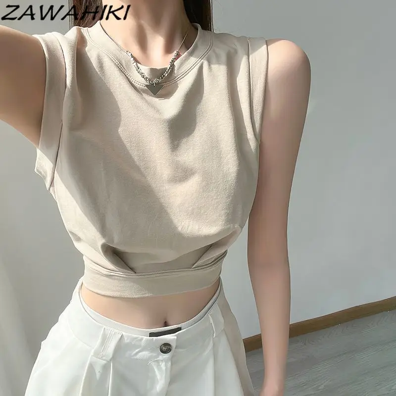 

ZAWAHIKI Edgy Clothes Y2k Minimalist Solid Color O-neck Sleeveless Loose Fashion Casual Sweet Pleated Versatile Crop Tops Mujer