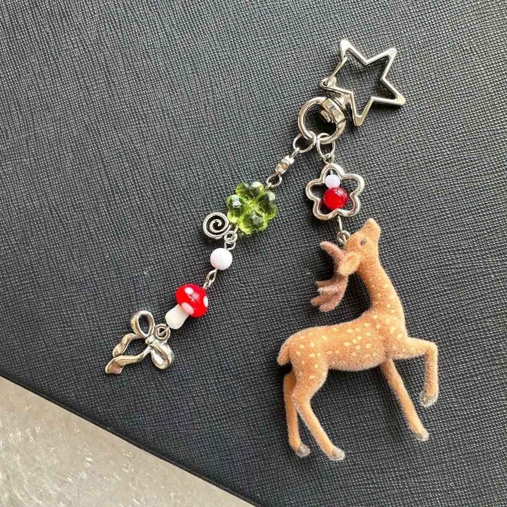 Fawn Backpack Decor Flocked Deer Key Chain Floral Handmade Animal Bag Charm Aesthetic Exquisite Flocked Pendant Girls