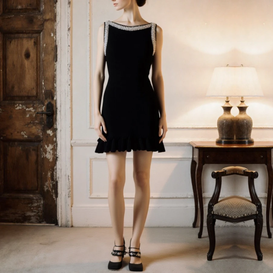 

【Gift Free】2025 Autumn Winter French Fashion Black Faux-Pearl Trim Ruffled Hem Slim Knit Sleeveless Dress Women