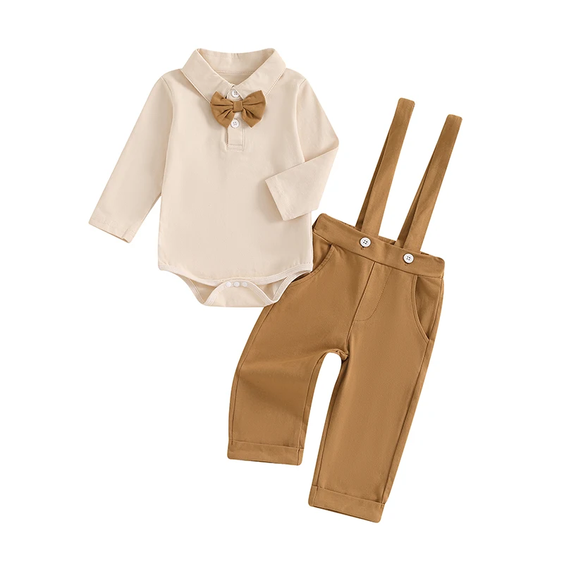 Baby Boys Fall Outfits Bowite Turn-Down Collar Long Sleeve Rompers Suspender Pants 2Pcs Clothes Set