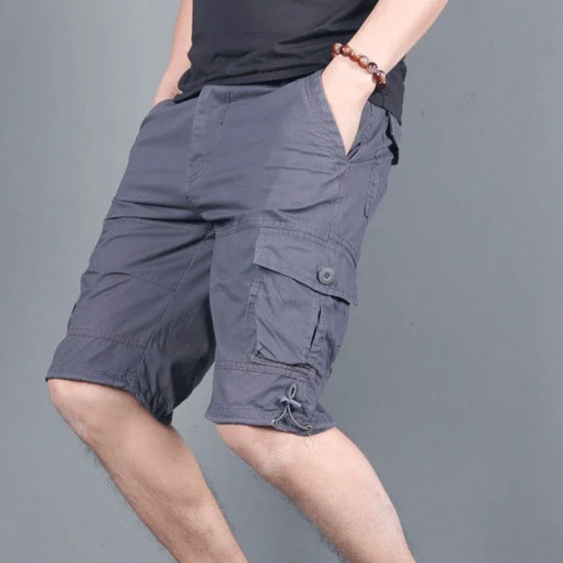 幅広マルチポケット無地ハーフビッグサイズメンズショートパンツバギー伸縮性ウエストオーバーサイズメンズカーゴショーツルーズバミューダロングコットン