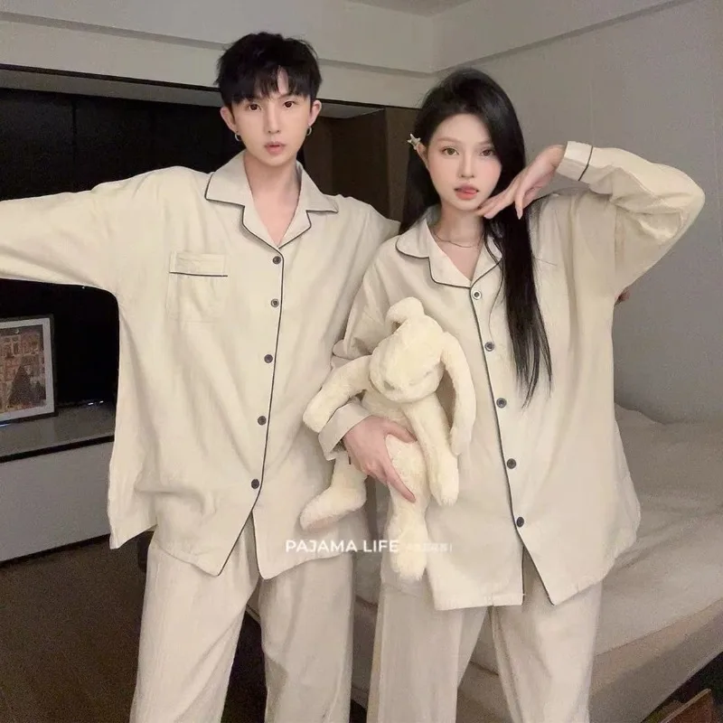 Couple Pajamas for Men Solid Sleepwear Korean Sleeping Night Wear Fleece Pijama 2 Pcs Pants Sets Winter Casual Home Suit 2024