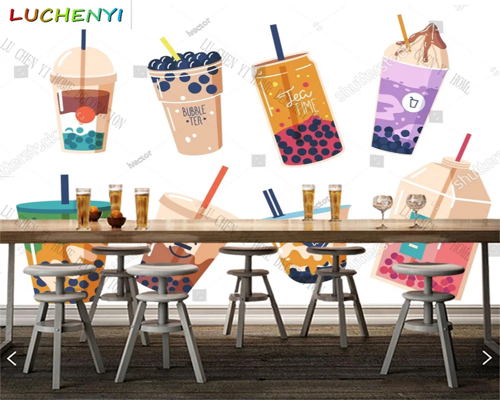 Custom colorful bubble tea boba mural wallpaper restaurant cold drinking shop dining room wall papers home decor sticker