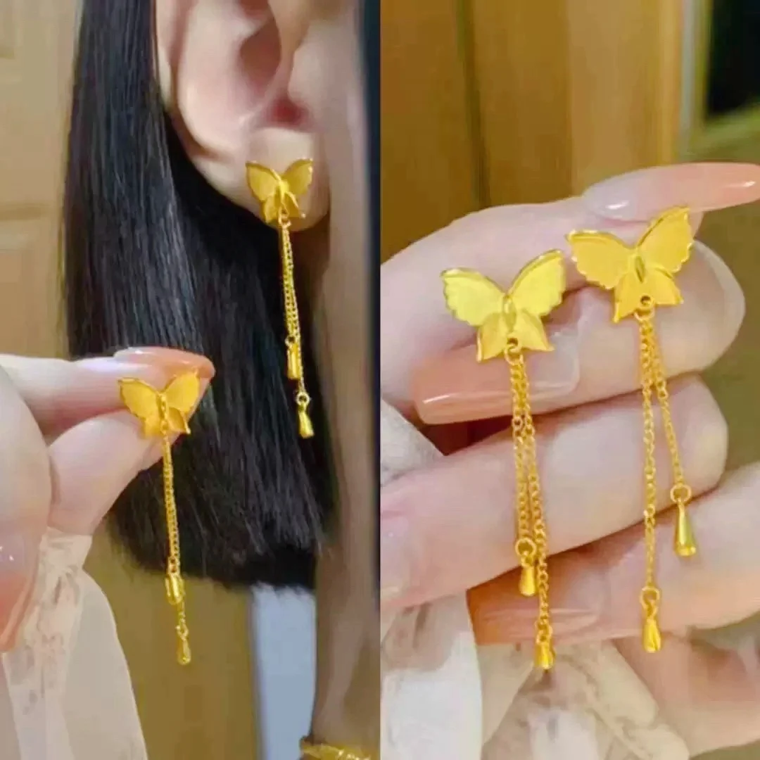 

Женские серьги с кисточками-бабочками из 24-каратного золота, AU999 | Градиентная розовая эмаль-бабочка, свечение, молодежный шик для законодателей трендов.