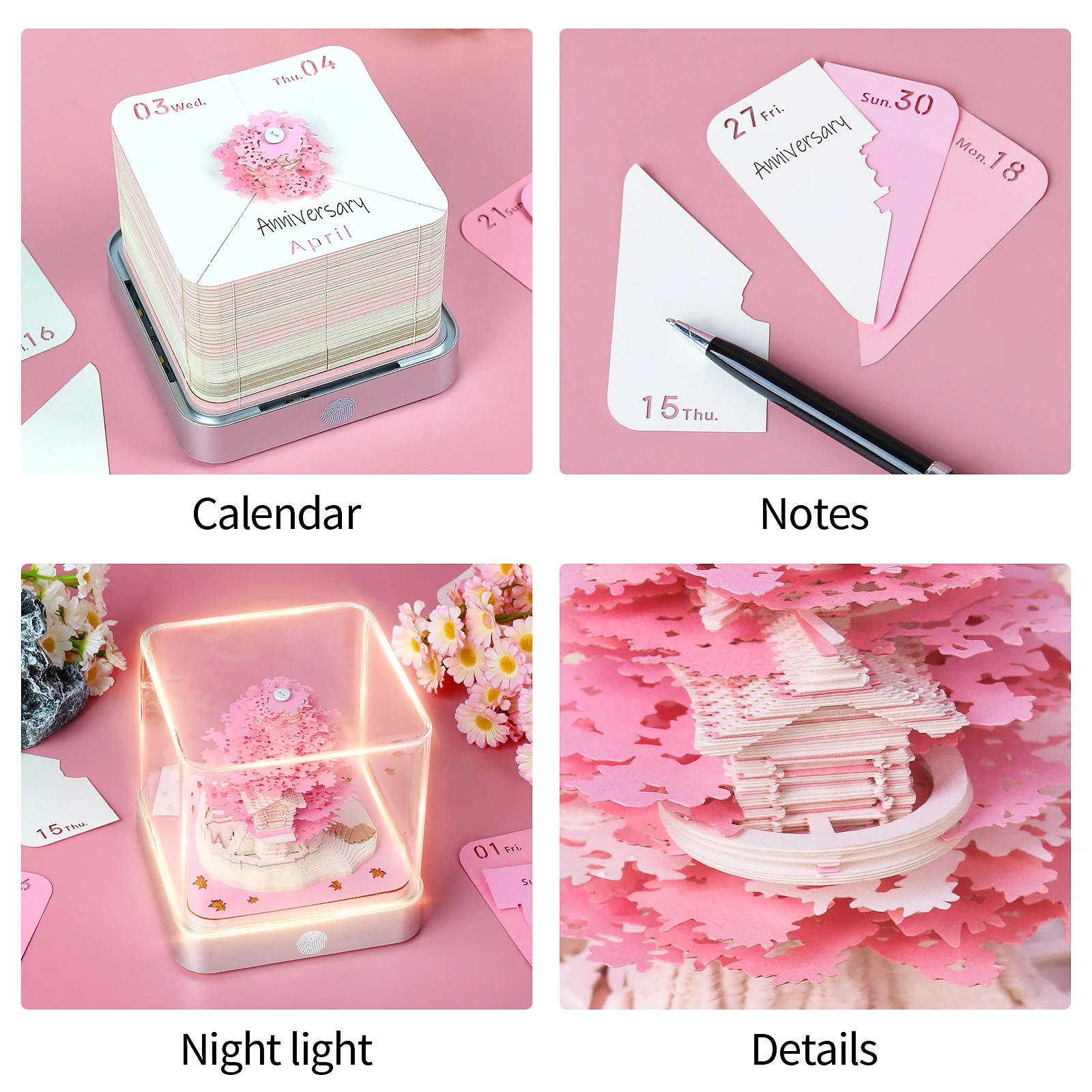 Omoshiroi Block Artistic Notepad 3D Calendar 2025 Sakura Tree Desk Calendar With Led Paper Art 3D Memo Pad Kawaii Christmas Gift