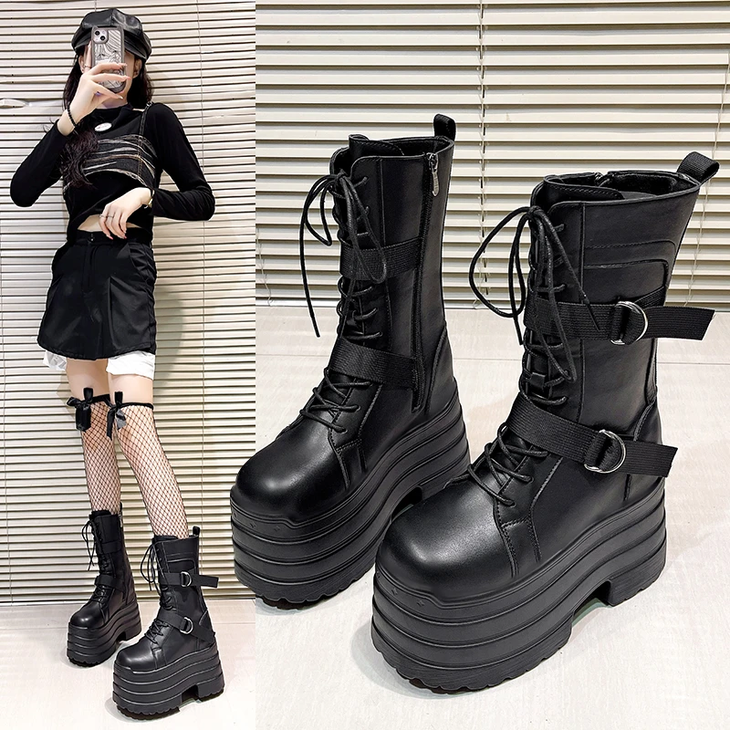 

Heightening Boots 18cm Inner Heightening Long Leg Boots Unisex Short Size Thick Bottom Mid-Calf Boots for Cosplay