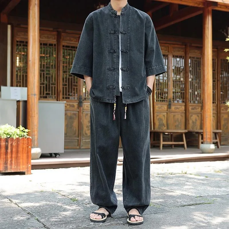 

Summer Soft Denim Breathable Casual irt Set Loose Fit Men's Clothing Tagkita Brand Pure Color Seven-Five Sve Length