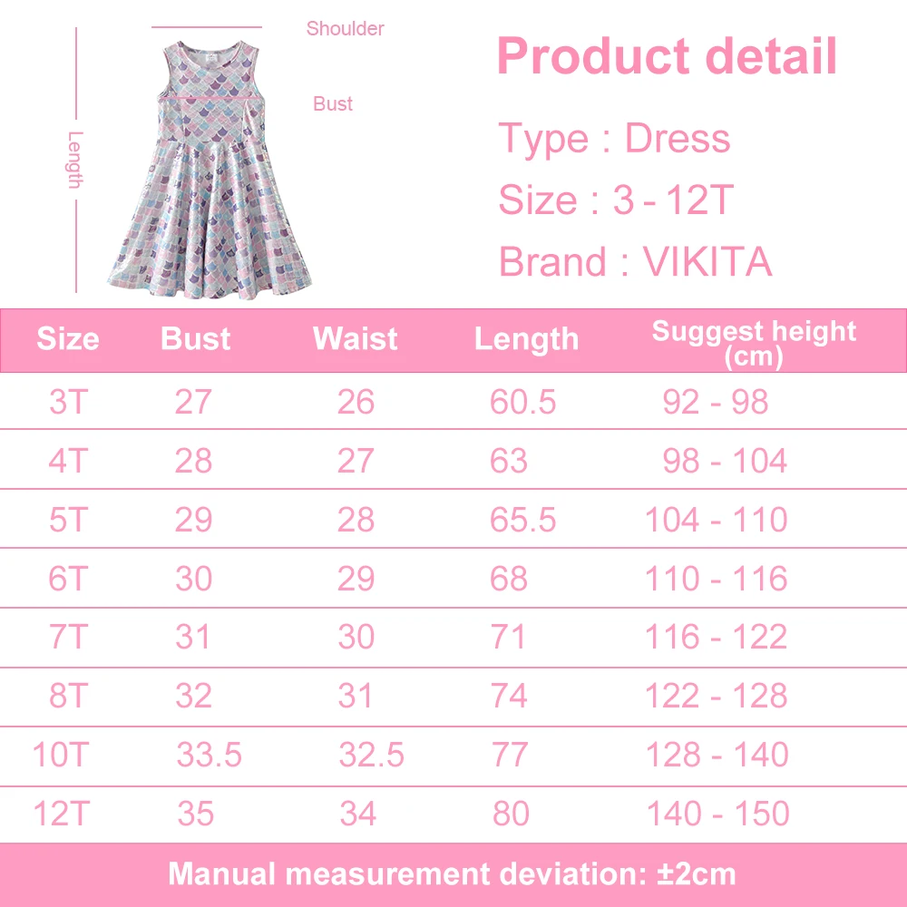 VIKITA Girls Mermaid Print Dress Kids O Neck senza maniche Summer Infantil Vestidos Girl Party Princess a-line Dress abbigliamento per bambini