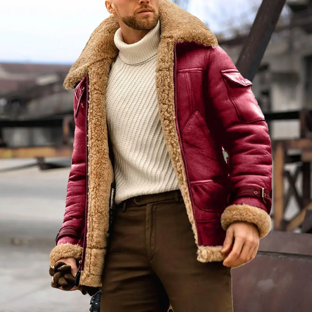 Men Coat Stylish Faux Fur Pockets Jacket Vintage Men Windbreaker  Windproof Faux Leather Outerwear for Outdoor