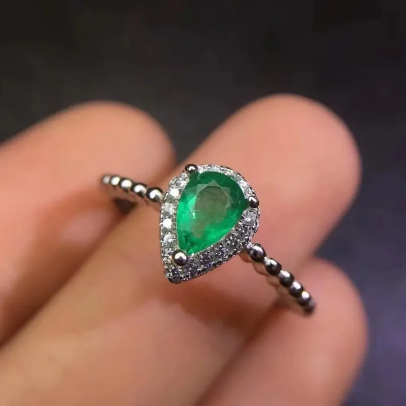 New Design Greennature Emerald Teardrop Shape Ring Free Jewelry Bag real 925 sliver