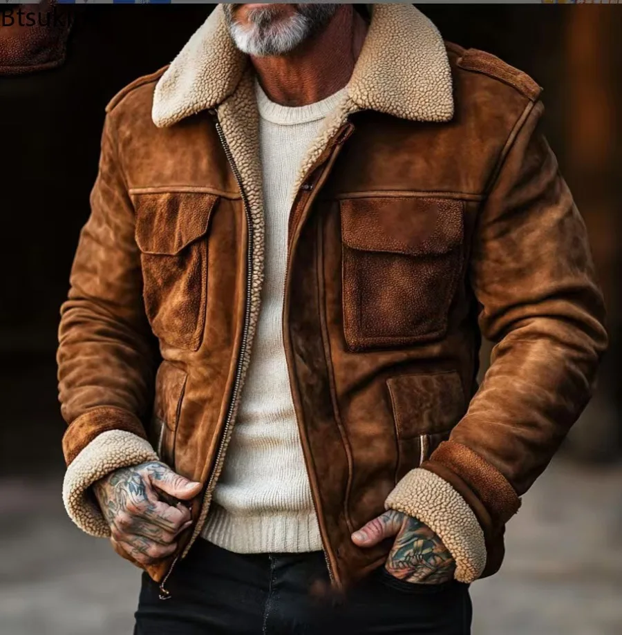 

New Autumn Winter Men's Vintage Contrast Color Jackets Lamb Fleece Lining Thicken Lapel Pockets Coats Male Casual Warm Outerwear