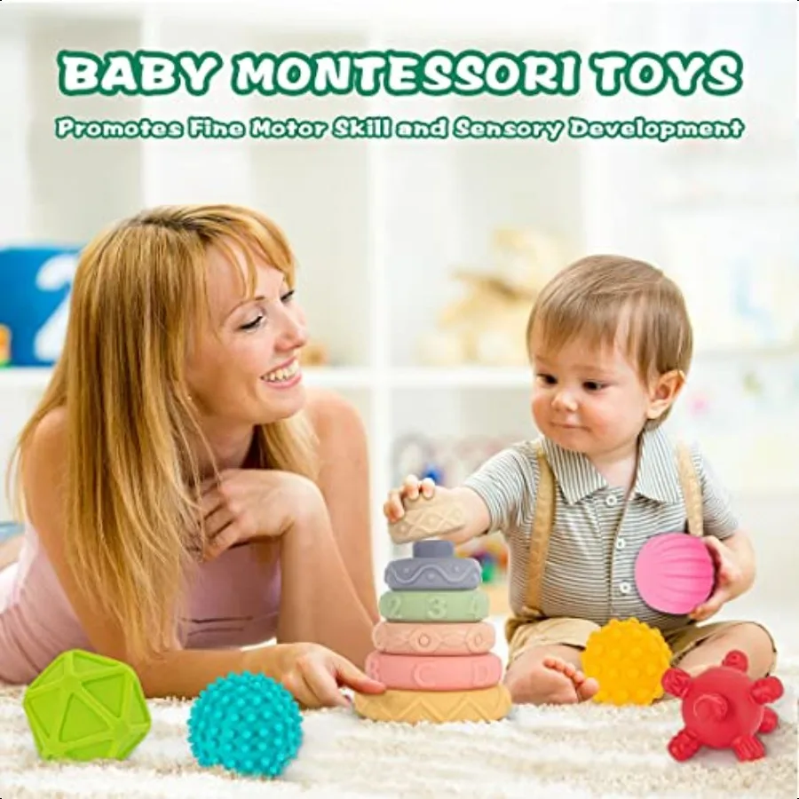 SpringFlower 3 in 1 Montori Toys for Babies 03612 Months Soft Baby Teething Stacking Building Blocks for Infants Sensory Develo