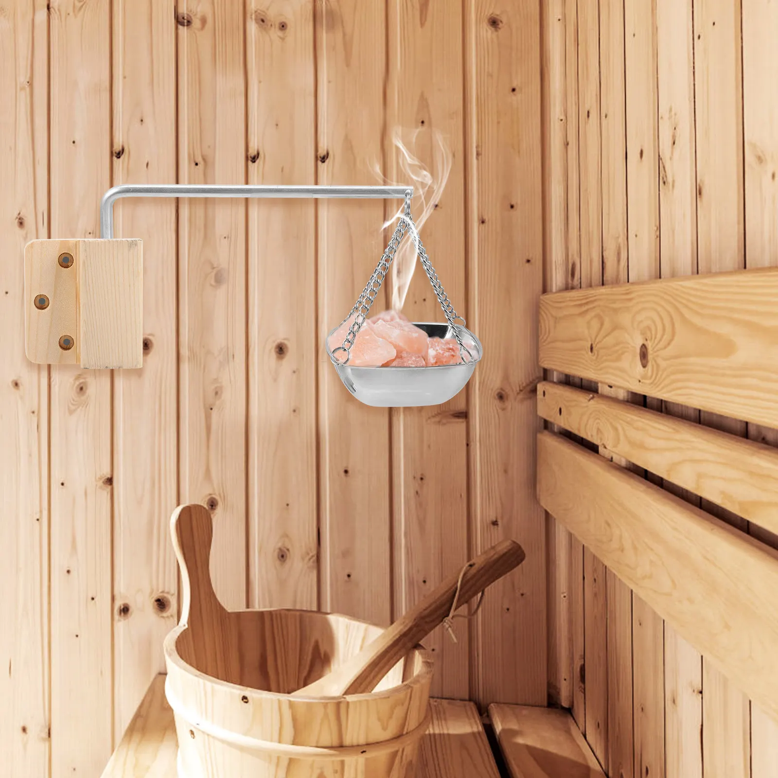 1Set Sauna Essential Oil Bowl Stainless Steel Wood Aromatherapy Storage Container Hanging Sauna Room Oil Holder Spa Supplies