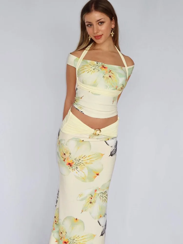 

Mozision комплект из двух предметов с принтом, женский топ на бретельках с квадратным воротником и макси-юбка, одинаковые комплекты, модный комплект с сексуальным платьем с принтом