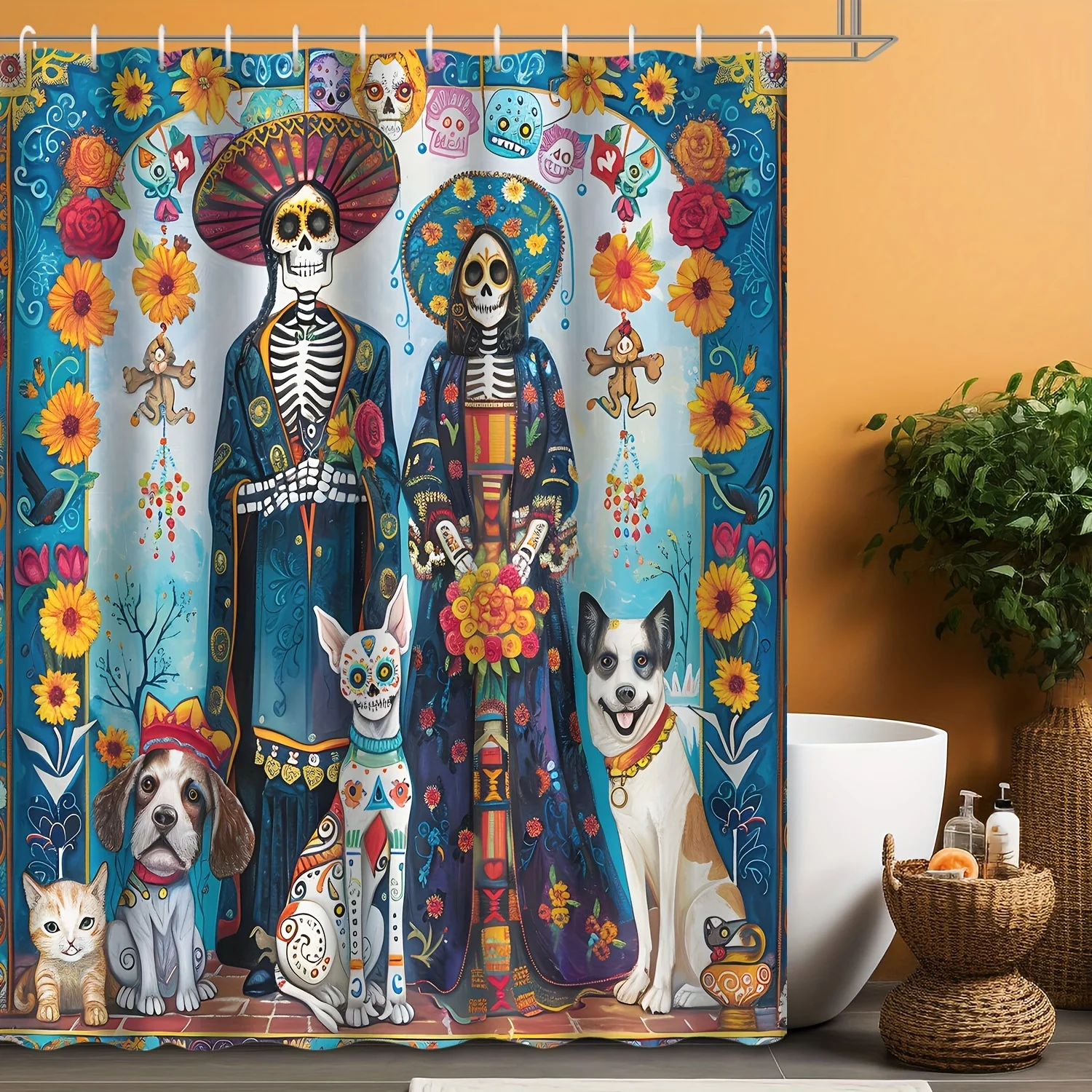 Halloween Blue Theme Skeleton Bride Chrysanthemum Colorful Animal Cat and Dog Halloween Shower Curtain