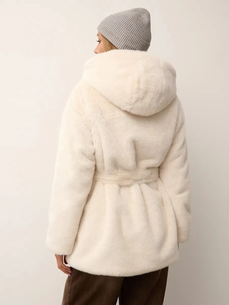 BJTZ Temperament Office Lady Hooded Design Faux Fur For Woman 2025 Trend New Lace-up Tie-waist Warm Winter Jacket:BJTZ Temperament Office Lady Hooded Design Faux Fur For Woman 2025 Trend New Lace-up Tie-waist Warm Winter Jacket