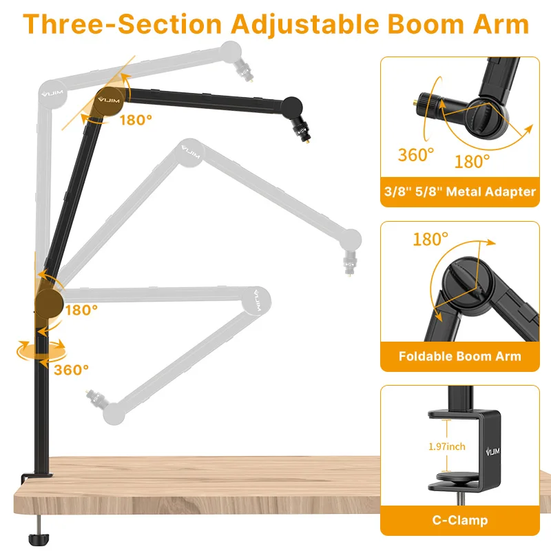 VIJIM LS24-soporte de brazo de micrófono para escritorio, soporte de cámara DSLR, suspensión ajustable, soporte de micrófono con tornillo de 1/4 para grabación